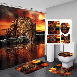 4 Pcs Leopard Cheetah Shower Curtain Set with Rugs, Toilet Lid Cover, Bath Mat,Waterproof African Animal Print Bathroom Decor Sets Accessories with 12 Hooks