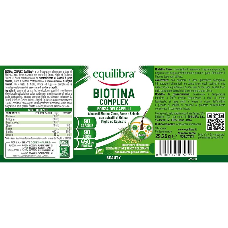 Equilibra Biotina Altodosata 450 mcg, per Capelli e Unghie, con