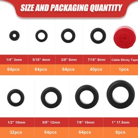 QCQIANG 288Pcs Rubber Grommet Kit, O Ring Washer Eyelet Ring Gasket Plugs Wire Protection with Cable Sticky Tape, 8 Sizes 1/4" 5/16" 3/8" 7/16" 1/2" 5/8" 7/8" 1" (Black)