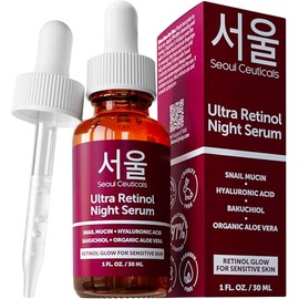 SeoulCeuticals Sérum Facial Nocturno Con 1% De Retinol Coreano - 97,5% De Mucina De Caracol + Ácido Hialurónico + Bakuchiol, Libre De Crueldad Animal. Belleza Coreana Para Piel Sensible. 30 Ml.