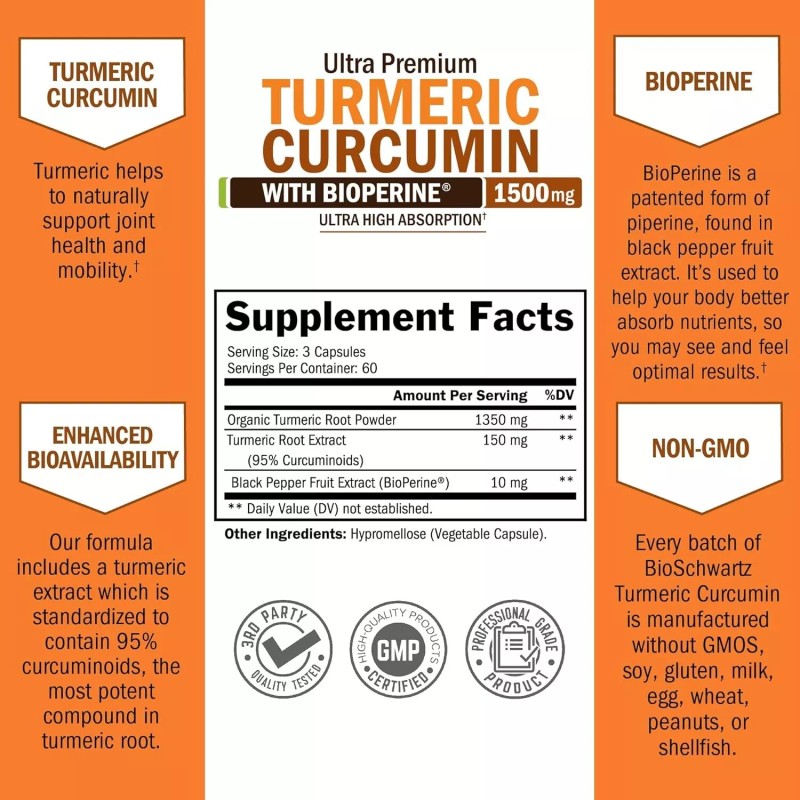 BioSchwartz Turmeric Curcumin with Black Pepper Extract 1500mg High Absorption