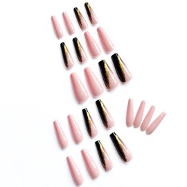 BABALAL Long Press on Coffin Fake Nails - Ombre Acrylic Ballerina Glossy Pink False Nails for Women and Girls
