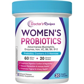 Doctor's Recipes Probiotics for Women, Akkermansia Muciniphila, Prebiotics, Cranberry, D-Mannose, Iron, Folate, VC, B6, B12, 60 Billion CFU, Vaginal, Digestive, Immune Health, 30 Vegan Capsules