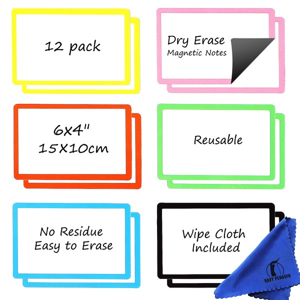 Dry Erase Magnets Set - 12 Pack - 6x4" Whiteboard Magnetic Planning Pads Labels - Small White Board Magnet Strips Name Tags for Home, Office and Classroom