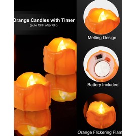 ONEIHOMM 12 PCS Orange Flickering Flame Tealight Candles with Timer, Melting Design(Plastic), Battery Operated LED Flameless Tea Lights for Party, Wedding, Christmas