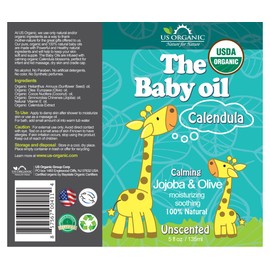 US Organic Baby Oil with Calendula, Jojoba, and Olive Oil with Vitamin E, USDA Certified Organic, No Alcohol, Paraben, Artificial Detergents, Color, Synthetic Perfumes, 5 fl. Oz (Pure Unscented)