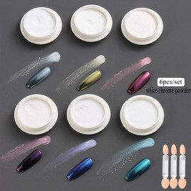 Fcozpjk White Chrome Nail Powder - 6 Colors Pearl Chrome for Nails, Mirror Effect Metallic Rubbing Pigment Dust, Glazed Donut Nail Art Pearlescent Glitter Manicure Decor
