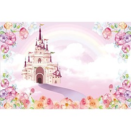 Renaiss 2.2 x 1.5 m Pink Castle Background Flowers Rainbow Cloud Fairy Tale Photography Background Baby Shower Princess Kids Girls 1st Birthday Party Decor Banner Photo Booth Studio Props