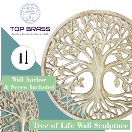 Top Brass Tree of Life Wall Sculpture – 11 5/8” Diameter – Sacred Celestial Holy Tree of Knowledge Hanging Art/Spiritual Family Decor – Weathered White Finish