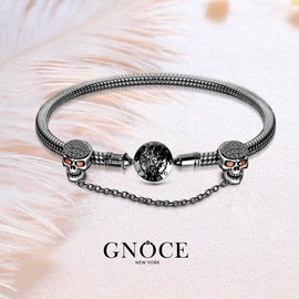 GNOCE Black Skull Charm Bracelet with Safety Chain Sterling Silver Snake Chain "Because I Love You" Basic Charm Bangle with Round Clasp (Black, 19)