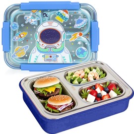 PinkSheep Stainless Steel Bento Lunch Box for Kids, 710 ml/23.5 oz BPA-Free Leak-Proof Children Food Containers with 3 Compartments, Back to School Students Daycare Lunches Snack Container (Astronaut)