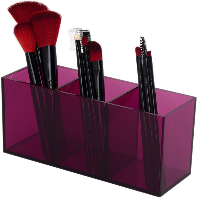 Dseap Makeup Brush Holder Organizer - Acrylic, 3 Compartments - Make up Brushes Holder, Makeup Brush Cup Container Storage Case, Purple
