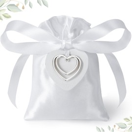 Sonekin Pack of 25 Satin Wedding Favours Gift Bags with Heart Pendant and Ribbon (White)