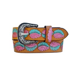 Affilare Kids Western Belt Tooled Pink and Teal Leaf Hand Finished Leather Belt For Kids, Girls and Women Belt 40AB001-26