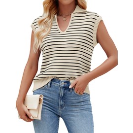 NENONA Women's V Neck Cap Sleeve Summer Sweater Tops 2024 Striped Casual Loose Knit Vest,Beige,S