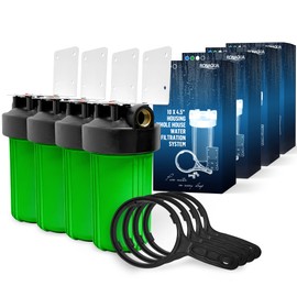 High Capacity 10 x 4.5” Whole House Filter Purifier System for Well or City Water, Presser Relief Button, 1” NPT Brass Port, Double O-Ring, Meets NSF Standards & Regulations (Green, 4 Sets)