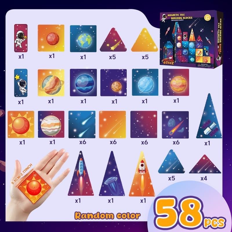 Space Rocket Magnetic Tiles Set, 58Pcs Magnatiles for Kids, Magnet