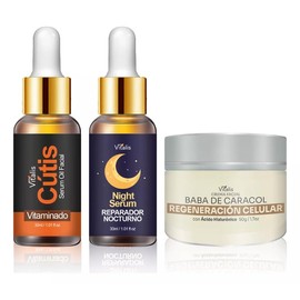 Kit Facial Antiedad con Vitamina C, Baba de Caracol y Ácido Hialurónico – Reafirma, Hidrata y Aclara Manchas | Suero + Crema Día y Noche | Todo Tipo de Piel – 3 Piezas