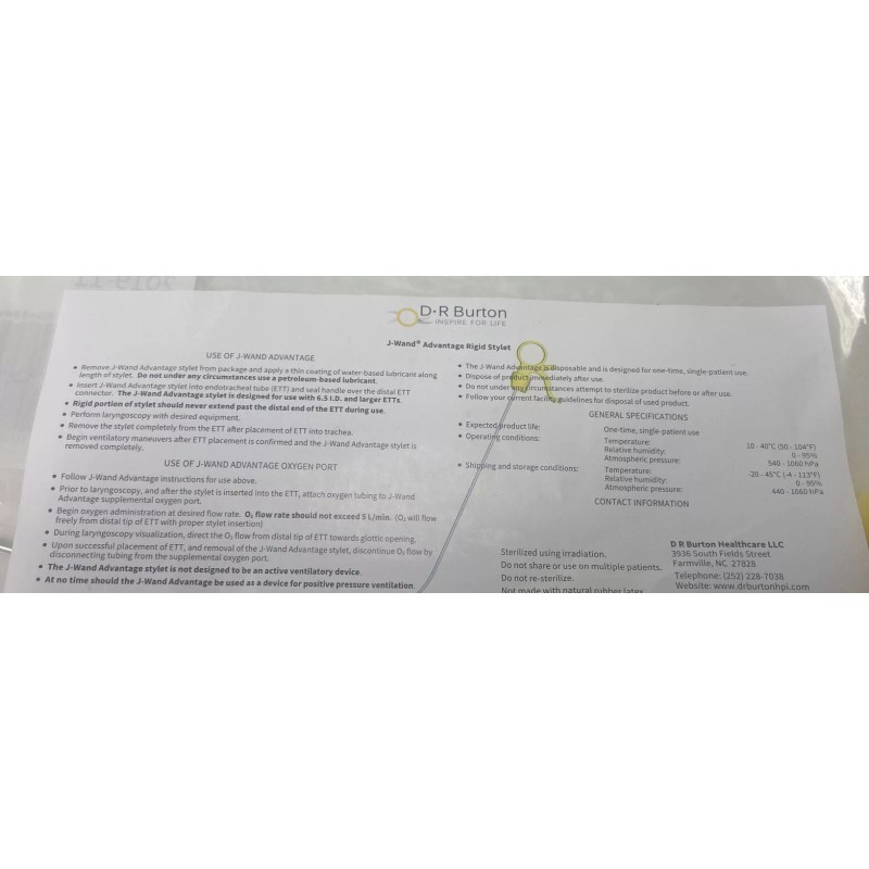J-Wand Advantage Rigid Stylet GlideScope VERATHON GlideRite DR Burton #595
