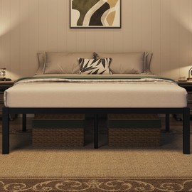 Topeakmart 14 inch Full Bed Frame, Metal Platform Bed with Steel Slat Support& Reserved Holes for DIY Headboard, Larger Storage Space/Non-Slip/No Box Spring Needed/Tool-Free Assembly, Black