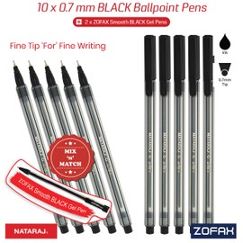 NATARAJ Mist Fine Tip Soft Smooth Ballpoint Pens (10 x 0.7mm BLACK Pens + 2 x ZOFAX Gel BLACK Pens)