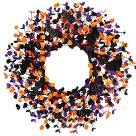 Boxwood Halloween Wreaths ，20 Inch Black Purple Orange with Bats and Berries, Artificial Halloween Front Door Wreath for Entryway Wall, Spooky Halloween Door Decor