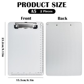 Pack of 2 Metal Clipboards A5.15.5 x 23.2 cm Hardboard Writing Board with Scale, Folder Clipboard with Rubberised Metal Clamp, Clipboard with Hanging Eyelet, Writing Case for School Office (Silver, A5