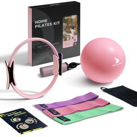 RollingBunny Home Pilates Kit - 13.8" Pilates Ring with Padded Handles, Mini Ball, 3 Resistance Bands for Full Body Exercise, Workout Guide