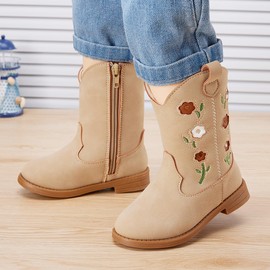 BMCiTYBM Toddler Girls Cowgirl Boots Little Kids Mid Calf Western Boots Flower Cowboy Boots Pointed Toe Riding Shoes Camel Size 8 Toddler