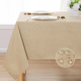 DWCN Rectangle Faux Linen Tablecloth - Textured Waterproof Spill-Proof Wrinkle and Stain Resistant Table Cloth Decorative Fabric Farmhouse Table Cover for Kitchen Dining Party, 52 x 70 Inch, Beige