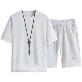 Emptio Men's Short Sleeve Top and Bottom Set, Jersey, Pants, Street, Loose Fit, double white