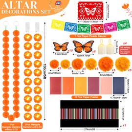 Norme 63 Pcs Day of the Dead Altar Decorations Bulk Kit Include 1 Marigold Garland 2 Led Garland 6 Photo Frames 30 Paper Flower 18 Butterfly 1 Tablecloth 4 LED Candle 1 Banner for Dia De Muertos Altar