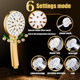 Shower Head, 10'' High Pressure Rain Shower Head with 6 Settings/Spray Handheld Shower Head Combo, 78'' Long Hose and 11'' Extension Arm, Water Temperature Reminder (Square Gold Shower Heads)