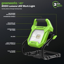 Greenworks 40V (AC/DC) 2000-Lumen LED Work Light, 360° Head Rotation, Tripod Mountable, Portable, Indoor/Outdoor Light, Flood Light, Tool-Only