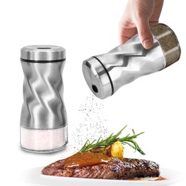 Salt and Pepper Shakers Set by NEODACO, 4 OZ Modern Glass Salt Shaker with Stainless Steel Lids for Kitchen Gadgets Table, RV, Camp, Ideal for Himalayan, Kosher, Black and White Pepper