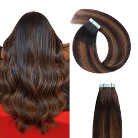 YILITE Tape-In Extensions Real Hair Balayage Darkest Brown Roots Fading to Darkest Brown and Chestnut Brown Silky Seamless Skin Weft 50 g Pack of 20 Tape in Remy Hair Extensions (45.7 cm #T2/P2/6)