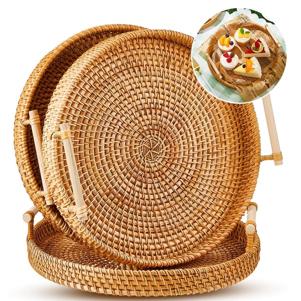 3 Pieces Round Rattan Serving Tray Platter Hand Woven Bread Serving Basket Decorative Wicker Tray with Wooden Handle for Food Crackers Snacks Fruit Coffee Table, 11 x 2.6 Inch