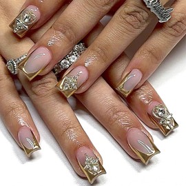Gold Chrome French Tip Press on Nails Short Square Fake Nails with Gold Rhinestones Heart Scepter Charms Design Cross Star False Nails Luxury Glue on Nails Artificial Stick on Nails for Women Girls