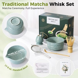 TUDRUKU Matcha Whisk Set - Bamboo Whisk and Holder, Bowl with Spout (17 oz), Matcha Sifter and Scoop, 5 Pcs Complete Matcha Kit Gift for Matcha Lovers (Bluish Green)