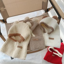 Baby Balaclava Korean Style Double Pom-Pom Hat with Ear Protection and Integrated Neck Warmer - Winter (Free Size) 18 Months - 5 Years Beige - Brown Ears 3ea