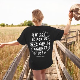 Sulayesh Oversized Christian Shirts for Women Faith Jesus Bible Verse If God is for Us Tshirts Religious Graphic Tees Tops (Black,L)