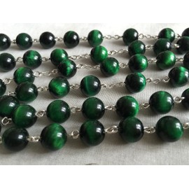 elegantmedical HANDMADE 10MM green Tiger Eye Bead Rosary CROSS catholic necklace Lourdes Water medal