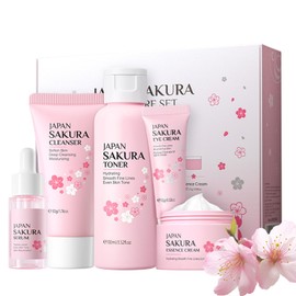 5pcs Sakura Skin Care Kit, High Moisturizing Cherry Blossom Skin Care Set für Frauen, Hautpflege Geschenk Set für Mädchen, einschließlich Reinigungsmilch, Toner, Serum, Creme, Augencreme
