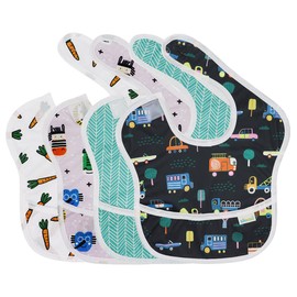 ZENBÉBÉ Baby Bib, Waterproof, Washable Fabric, Fits Babies and Toddlers 6-24 Month (4-Pack) (Vehicles)