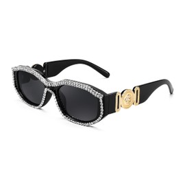 FEISEDY Rectangle Rhinestone Sunglasses for Women Men Bling Jeweled Retro Square Sunglasses 90s Vintage Shades B0091