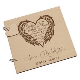 Engraved Wooden Memorial Funeral Remembrance Guest Book with Angel Wings, 23 x 23 cm, 30 Pages