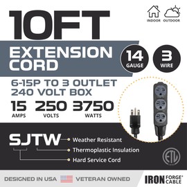 Iron Forge Cable 10 Ft Extension Cord with 3 Outlets - Extension Cord, 6-15P to Three Box Outlets Black 14 Gauge, SJTW 220/240 Volt Cord Heavy Duty