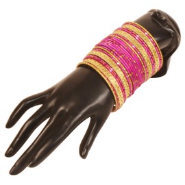 Touchstone New Italian Color Collection Indian Bollywood Handcrafted Peeled Paisley Motif Textured Fuchsia Golden Designer Jewelry Chura Bangle Bracelets in Gold Tone for Women