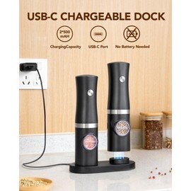 Sangcon Electric Salt and Pepper Grinder Set of 2, Automatic Salt Pepper Grinder Mill with Rechargeable Base LED light, Adjustable Coarseness,One-handed Operation, Refillable Spice Mill Shakers