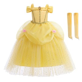CinheyU - Vestido de cumpleaños de princesa Belle para niñas, disfraz de bella y la bestia, vestido de fiesta de Navidad con mangas de brazo, 5-6T